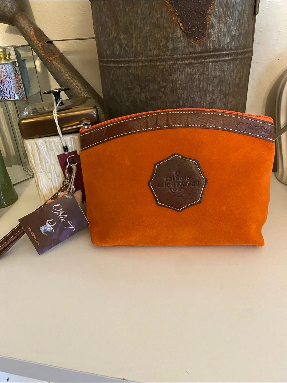 BNWT Ofelia T Orange Suede Wristlet Cosmetic Bag with Brown Leather Trim